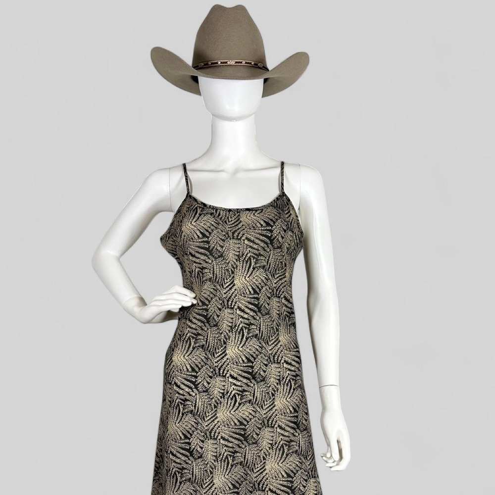 Vintage 90s Victoria's Secret Silk Midi Slip Dress Size‎ M Black Tan Fern Print